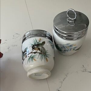 Ceramic Bird Art Canisters with Silver Accents